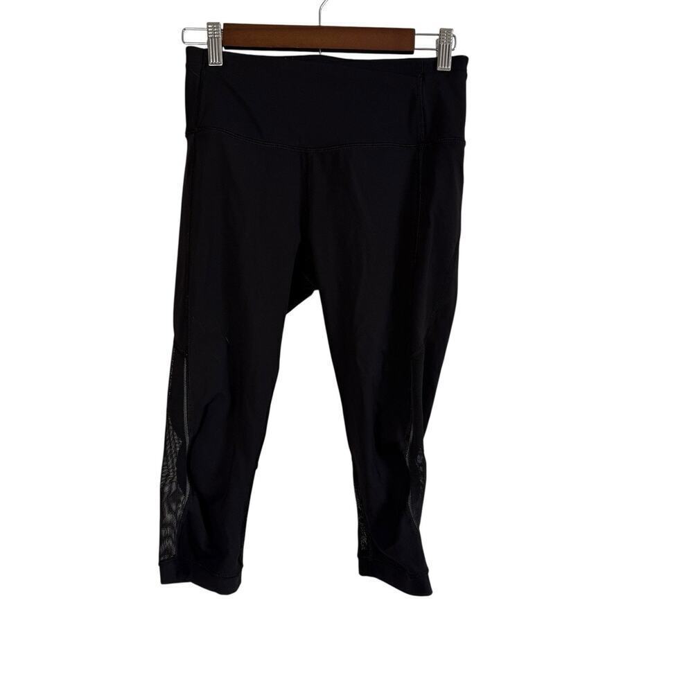 Lululemon Power Thru Crop Leggings Black Mesh Panel Size 6 High Rise 18” Inseam